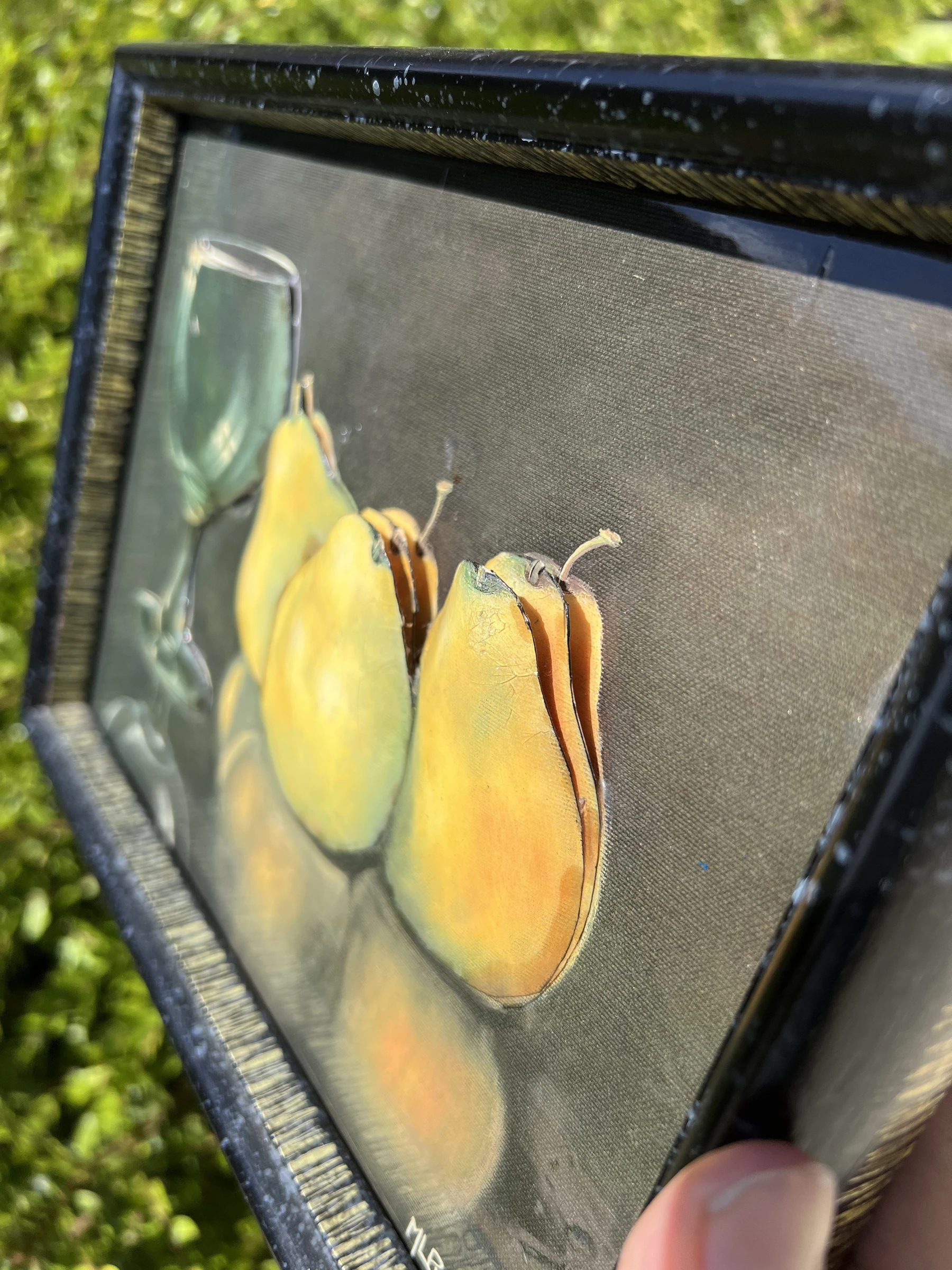🍐 Op druk bord gesigneerd MLRomero – Stilleven met peren & glas – Vintage – photo 5